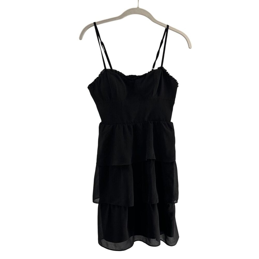 American Outfitter Black Tiered Ruffle‎ 4 Mini Dress Adjustable Spaghetti Strap